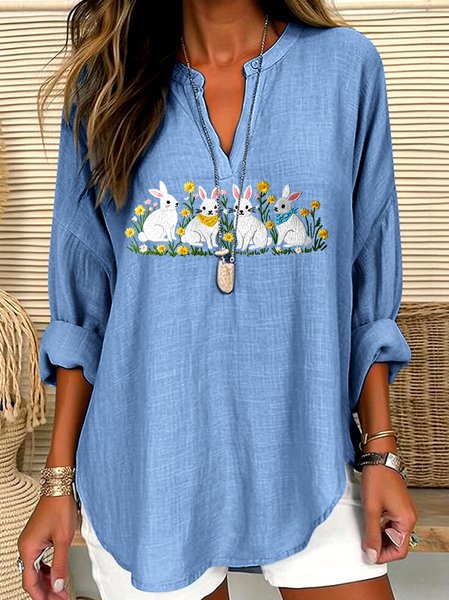 V Neck Long Sleeve Geometric Regular Micro-Elasticity Regular Fit Shirt For Women, Light blue, Shirts