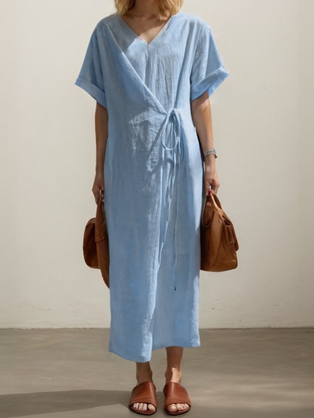 Linen Plain Crew Neck Maxi Dress, Blue, Maxi Dresses
