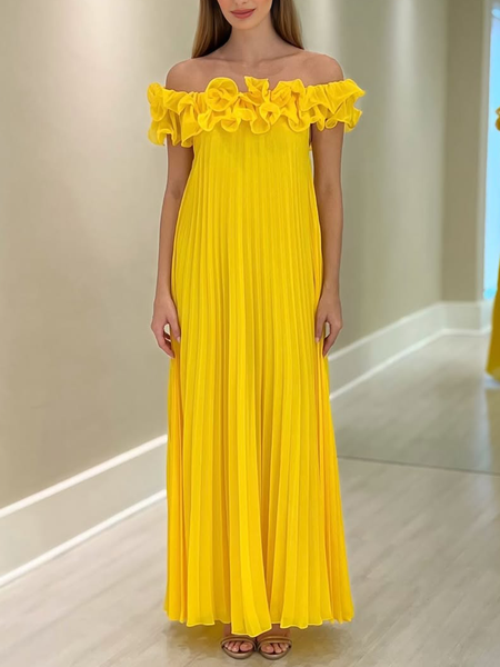 

Elegant Plain Pleated Off The Shoulder Maxi Dress, Yellow, Maxi Dresses