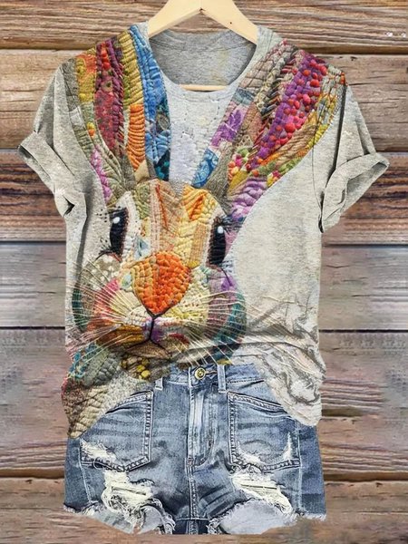 Casual Easter Rabbit Print Crew Neck Short Sleeve T-shirt, White, T-shirts