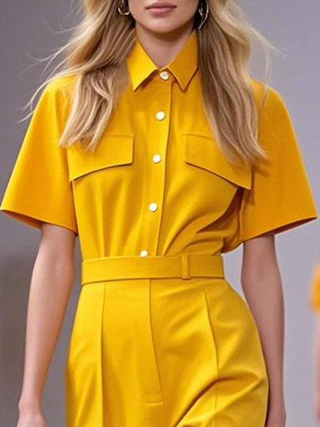 

Urban Plain Pockets Shirt Collar Shirt, Yellow, Blouses and Shirts