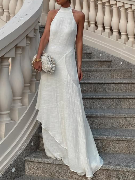 

Vacation Plain Irregular Craftsmanship Halter Maxi Dress, White, Maxi Dresses