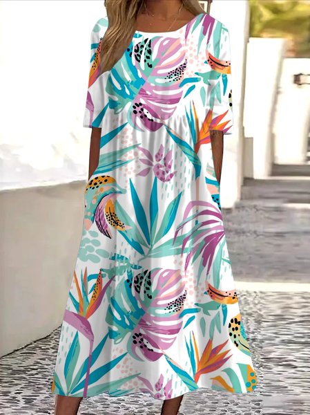 

Women Floral Crew Neck Short Sleeve Comfy Casual Maxi Dress, White, Maxi
