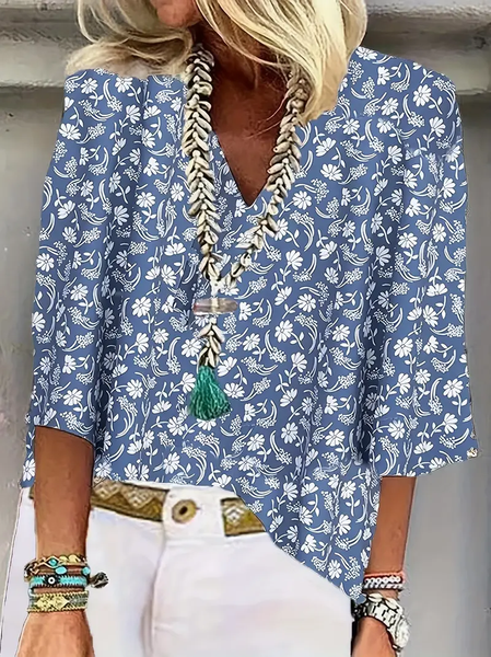 

Shawl Collar Half Sleeve Floral Regular Loose Blouse For Women, As picture, Blouses