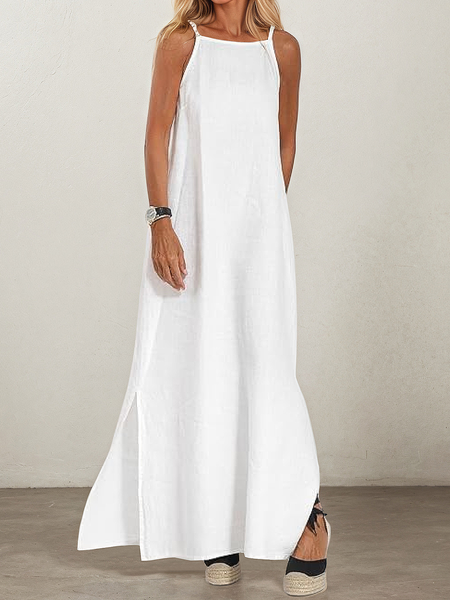 

Vacation Plain Pocket Stitching Square Neck linen-cotton Maxi Dress, White, Maxi Dresses