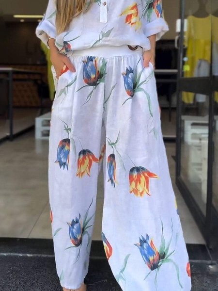 

Casual Floral Wide Leg Pants, White, Pants