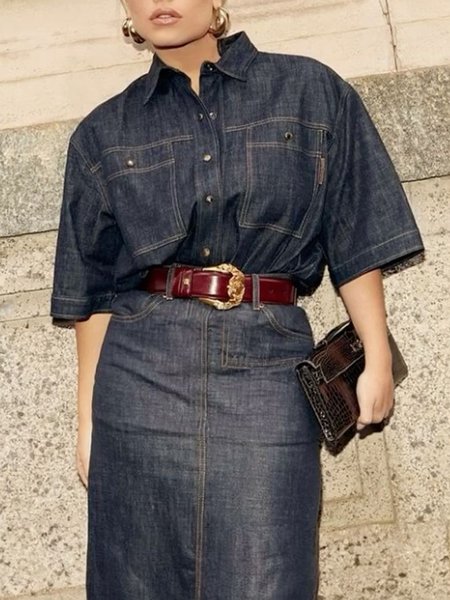 

Denim Urban Plain Shirt Collar Shirt, Deep blue, Blouses and Shirts