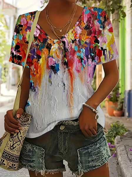 

Women Colorblock Short Sleeve Tee T-shirt V Neck Printing Casual Summer Graphic Tee Top, As picture, T-Shirts