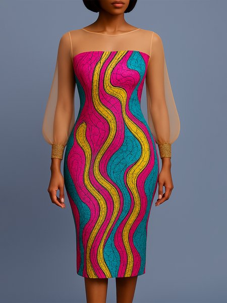 

Elegant Random Print Balloon Sleeve Split Joint Crew Neck Knee Length Dress, As picture, Midi Dresses