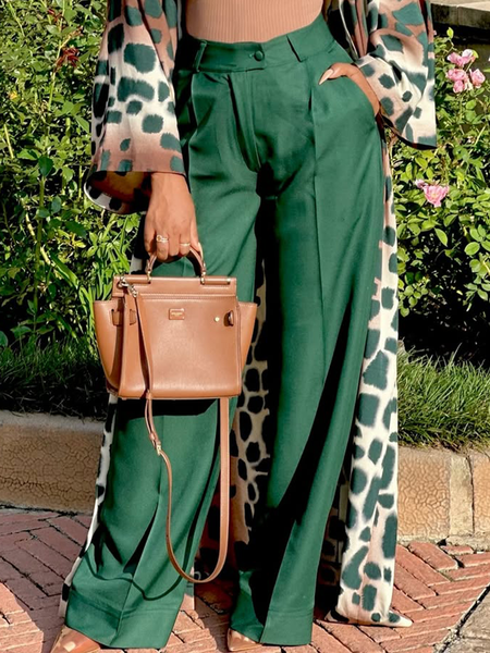 

Casual Plain Wide Leg Pants, Green, Pants
