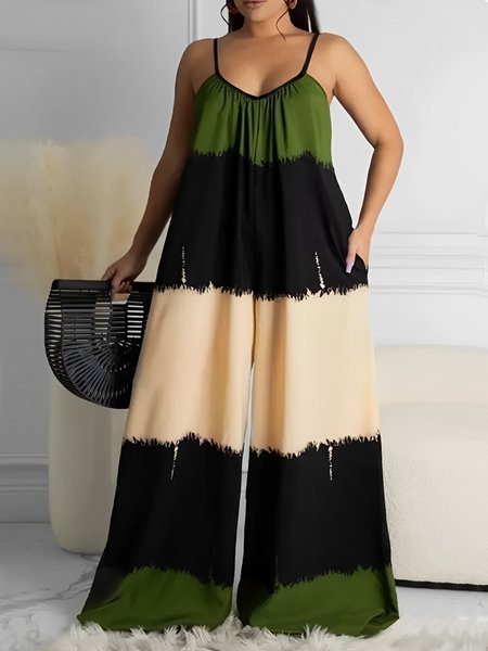 

Casual Printing Colorblock Spaghetti Cami Jumpsuit, Green, Jumpsuits