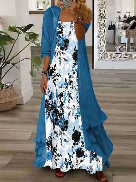 

Women Floral Printing Two-Piece Set Daily Three Quarter Sleeve Casual Spring/Fall Dress With Coat Matching Set, White-blue, 2-Piece Dresses