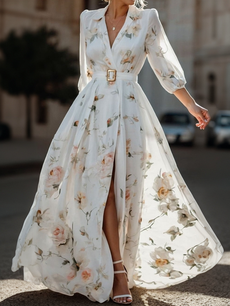 

Elegant Floral Gathered Shirt Collar Maxi Dress Belt, As picture, Maxi Dresses