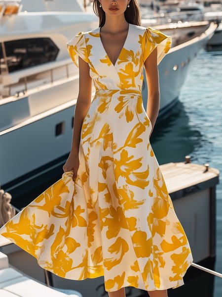 Elegant Floral Printing V Neck Midi Dress, Yellow, Maxi Dresses