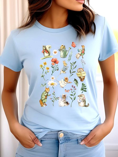 

Casual Floral Crew Neck Short Sleeve T-shirt, Light blue, T-shirts