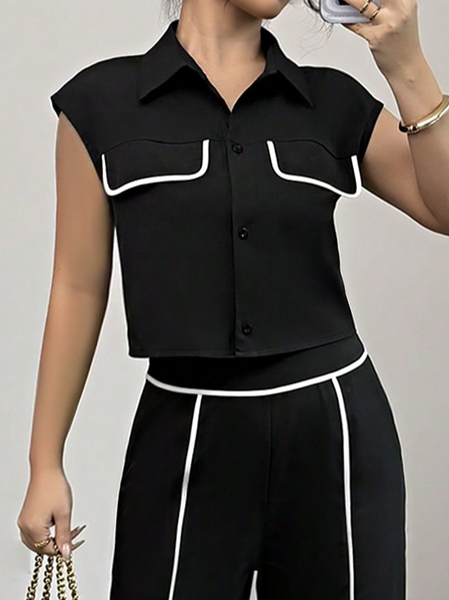 

Casual Color Block Shirt Collar Shirt, Black, Blouses and Shirts