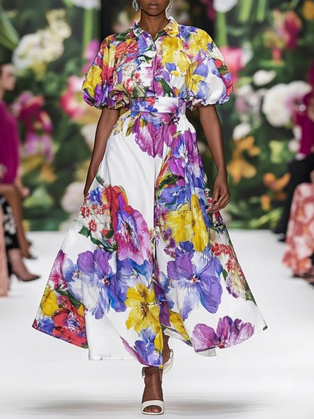 Elegant Floral Balloon Sleeve Shirt Collar Maxi Dress With Belt, As picture, Maxi Dresses