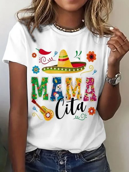 

Casual Cartoon Mama Print Crew Neck Short Sleeve Casual T-shirt, White, T-shirts