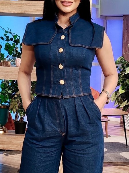 

Urban Plain Buttoned Stand Collar Denim Top, Blue, Tops