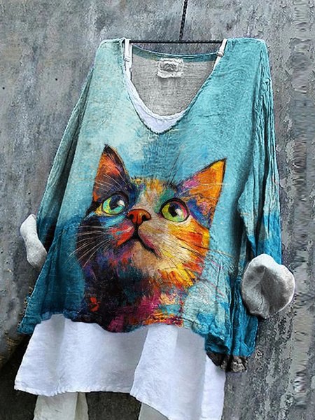 

Vintage Cute Cat Print V Neck Long Sleeve Casual T-shirt, White, T-shirts
