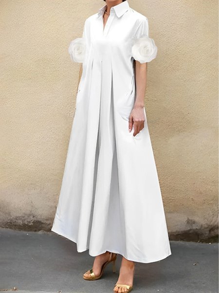 Casual 3D Floral Shirt Collar Maxi Dress, White, Maxi Dresses