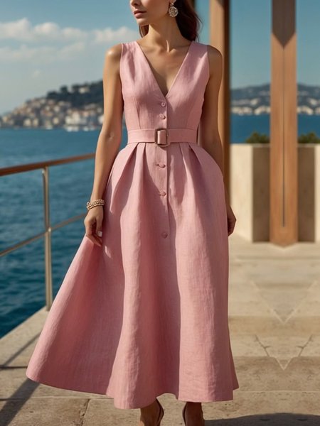 

Urban Plain Cotton And Linen V Neck Midi Dress With Belt, Pink, Midi Dresses