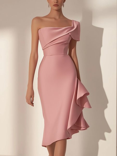 

Elegant Plain Gathered Asymmetrical Mini Dress, Yellow, Maxi Dresses