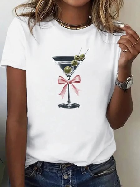 

Casual Champagne Glass Pattern Crew Neck Short Sleeve T-shirt, White, T-shirts