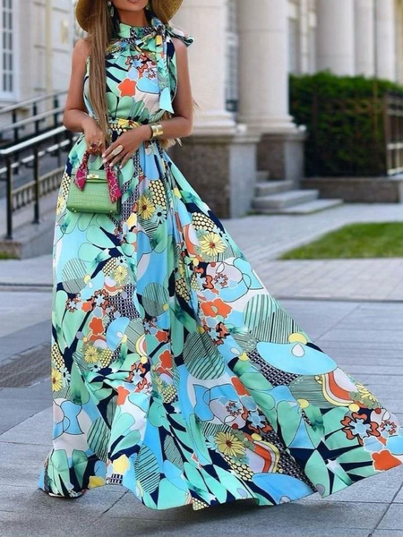 

Vacation Floral Printing Crew Neck Maxi Dress With Belt, As picture, Maxi Dresses
