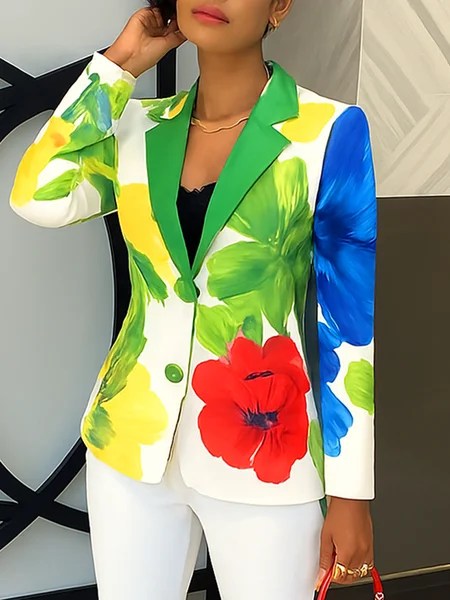 Elegant Printing Floral Lapel Collar Blazer, As picture, Blazers