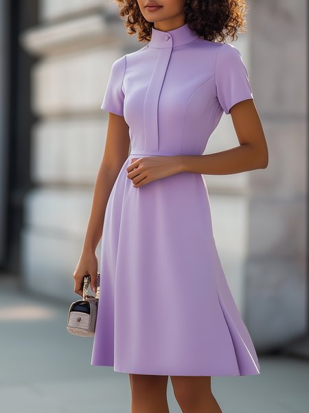 

Elegant Plain Buttoned Mock Neck Knee Length Dress, Purple, Midi Dresses