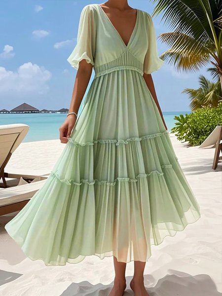 

Vacation Plain Gathered V Neck Chiffon Maxi Dress, Lightgreen, Maxi Dresses