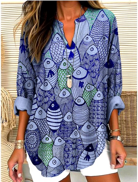 V Neck Long Sleeve Geometric Regular Micro-Elasticity Regular Fit Shirt For Women, Blue, Shirts