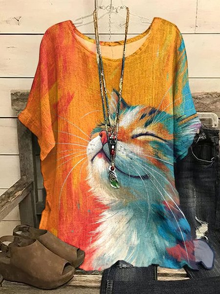 

Vintage Cat Print Crew Neck Three Quarter Sleeve T-shirt, Orange, T-shirts