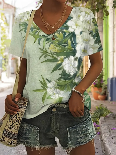 Women Floral Short Sleeve Tee T-shirt V Neck Printing Casual Summer Graphic Tee Top, Green, T-Shirts