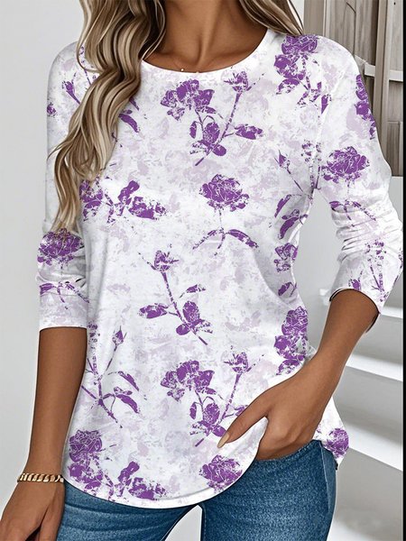 

Floral Casual Crew Neck Jersey T-Shirt, Purple, Long sleeves