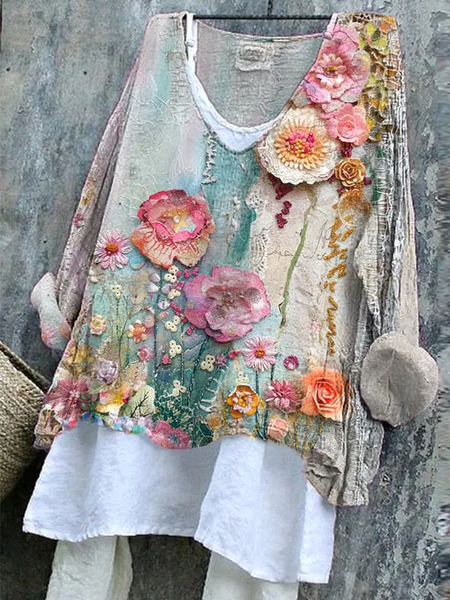 Women Floral Long Sleeve Blouse Spring/Fall Printing V Neck Daily Casual Top, As picture, Blouses