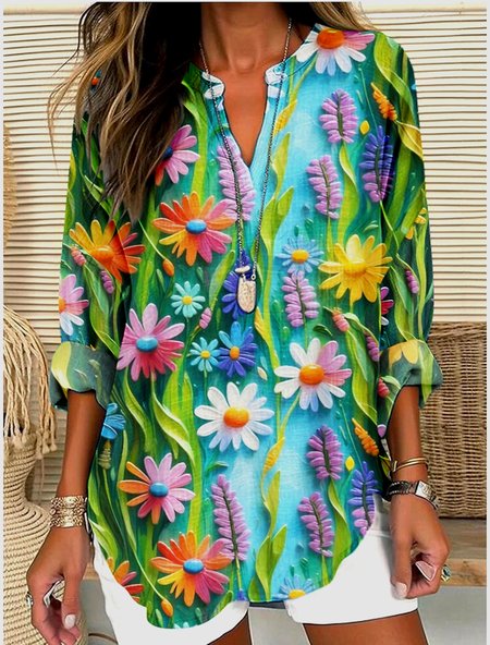 V Neck Long Sleeve Geometric Regular Micro-Elasticity Regular Fit Shirt For Women, Green, Shirts