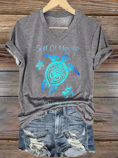 

Women's Gulf Of Mexico Print V Neck Comfy T-Shirt, Light gray, T-shirts