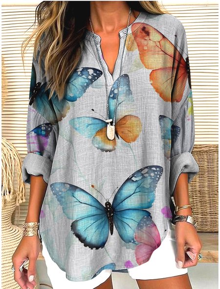 V Neck Long Sleeve Geometric Regular Micro-Elasticity Regular Fit Shirt For Women, Gray, Shirts