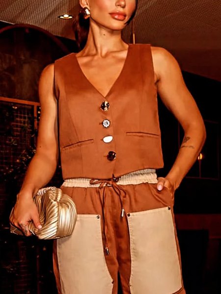 

Casual Buttoned Plain V Neck Vest, As picture, Vests and Gilets