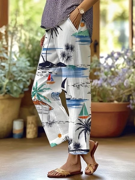 Casual Vacation The Sea Cute Print Comfy Long Pants, White, Pants