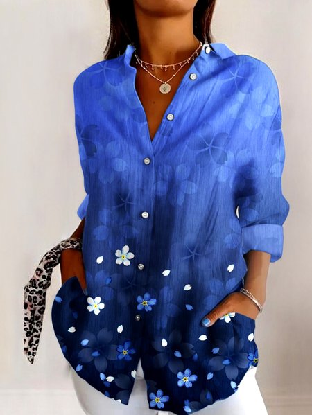 Shirt Collar Long Sleeve Geometric Regular Micro-Elasticity Regular Fit Shirt For Women, Blue, Shirts