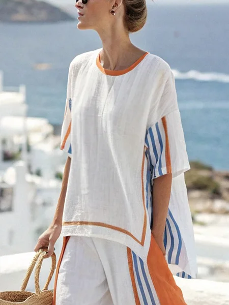 

Casual Striped Printing Crew Neck Raglan Sleeves Blouse, As picture, Blouses and Shirts