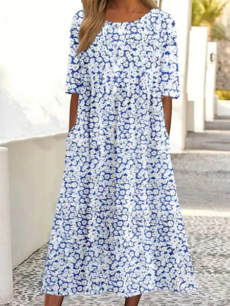

Casual Loose Ditsy Floral Dress With No, Blue, Maxi Dresses