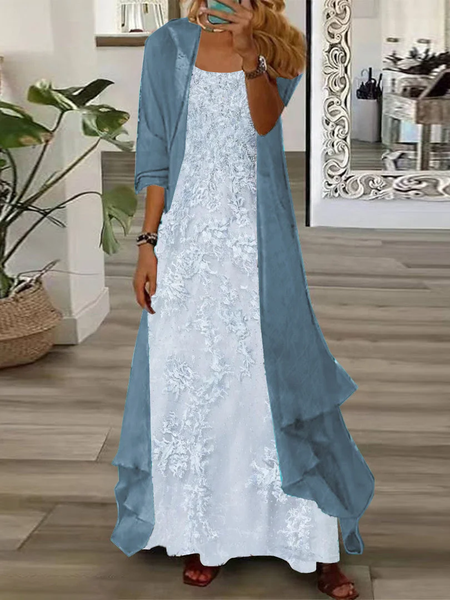 

Women Floral Crew Neck Three Quarter Sleeve Comfy Casual Printing Dress With Coat Two-Piece Set, Blue, Dresses