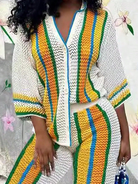 

Vacation Color Block Buttoned Cardigan, As picture, Cardigans