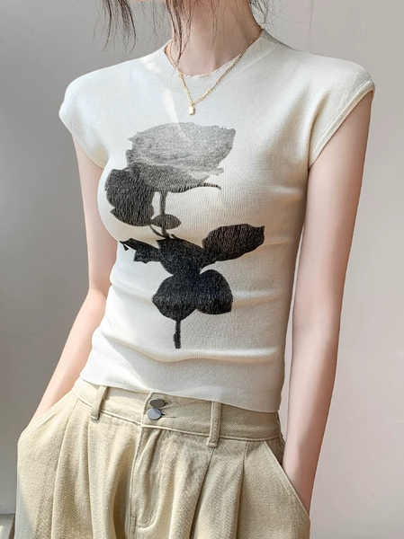 

Elegant Floral Printing T-shirt, As picture, Tees