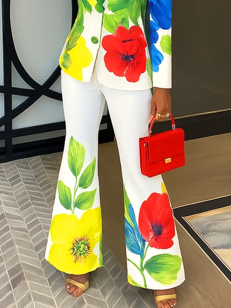 

Elegant Floral Printing Flare Pants, As picture, Pants