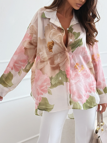 

Vacation Floral Printing Shirt Collar Raglan Sleeves Shirt, Pink, Blouses and Shirts